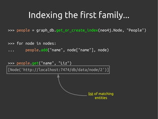 Indexing the first family...
>>> people = graph_db.get_or_create_index(neo4j.Node, "People")

>>> for node in nodes:
...  ...