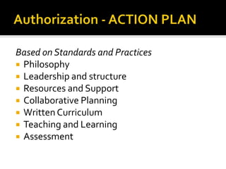 Based on Standards and Practices
 Philosophy
 Leadership and structure
 Resources and Support
 Collaborative Planning
 Written Curriculum
 Teaching and Learning
 Assessment
 
