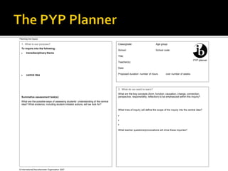 Planning the inquiry

  1. What is our purpose?                                                          Class/grade:                        Age group:
  To inquire into the following:
                                                                                   School:                             School code:
       transdisciplinary theme
                                                                                   Title:
                                                                                                                                                           PYP planner
                                                                                   Teacher(s):

                                                                                   Date:

       central idea                                                                Proposed duration: number of hours            over number of weeks




                                                                                   2. What do we want to learn?
                                                                                   What are the key concepts (form, function, causation, change, connection,
  Summative assessment task(s):                                                    perspective, responsibility, reflection) to be emphasized within this inquiry?
  What are the possible ways of assessing students’ understanding of the central
  idea? What evidence, including student-initiated actions, will we look for?

                                                                                   What lines of inquiry will define the scope of the inquiry into the central idea?




                                                                                   What teacher questions/provocations will drive these inquiries?




© International Baccalaureate Organization 2007
 