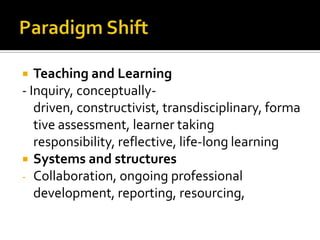   Teaching and Learning
- Inquiry, conceptually-
   driven, constructivist, transdisciplinary, forma
   tive assessment, learner taking
   responsibility, reflective, life-long learning
 Systems and structures
- Collaboration, ongoing professional
   development, reporting, resourcing,
 