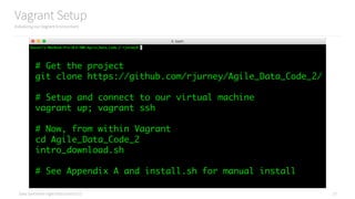 Data Syndrome: Agile Data Science 2.0
Vagrant Setup
17
Initializing our Vagrant Environment
# Get the project
git clone https://github.com/rjurney/Agile_Data_Code_2/
# Setup and connect to our virtual machine
vagrant up; vagrant ssh
# Now, from within Vagrant
cd Agile_Data_Code_2
intro_download.sh
# See Appendix A and install.sh for manual install
 