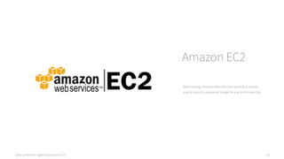 Data Syndrome: Agile Data Science 2.0 18
Amazon EC2
Alternatively, Amazon Web Services provide a simple
way to launch a prepared image for use in this exercise.
 