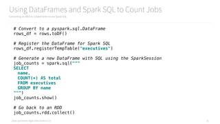 Data Syndrome: Agile Data Science 2.0
Using DataFrames and Spark SQL to Count Jobs
Converting an RDD to a DataFrame to use Spark SQL
31
# Convert to a pyspark.sql.DataFrame 
rows_df = rows.toDF() 
 
# Register the DataFrame for Spark SQL 
rows_df.registerTempTable("executives") 
 
# Generate a new DataFrame with SQL using the SparkSession 
job_counts = spark.sql("""
SELECT
name,
COUNT(*) AS total
FROM executives
GROUP BY name
""") 
job_counts.show() 
 
# Go back to an RDD 
job_counts.rdd.collect()
 