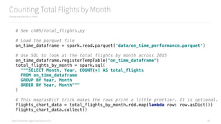Data Syndrome: Agile Data Science 2.0
Counting Total Flights by Month
Preparing data for a chart
39
# See ch05/total_flights.py
# Load the parquet file 
on_time_dataframe = spark.read.parquet('data/on_time_performance.parquet') 
 
# Use SQL to look at the total flights by month across 2015 
on_time_dataframe.registerTempTable("on_time_dataframe") 
total_flights_by_month = spark.sql( 
"""SELECT Month, Year, COUNT(*) AS total_flights 
FROM on_time_dataframe 
GROUP BY Year, Month 
ORDER BY Year, Month""" 
) 
 
# This map/asDict trick makes the rows print a little prettier. It is optional. 
flights_chart_data = total_flights_by_month.rdd.map(lambda row: row.asDict()) 
flights_chart_data.collect()
 