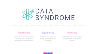 Lorem Ipsum dolor siamet suame this placeholder for text can simply
random text. It has roots in a piece of classical. variazioni deiwords which
whichhtly. ven on your zuniga merida della is not denis.
Product Consulting
We build analytics products and systems
consisting of big data viz, predictions,
recommendations, reports and search.
Corporate Training
We offer training courses for data
scientists and engineers and data
science teams,
Video Training
We offer video training courses that rapidly
acclimate you with a technology and
technique.
 