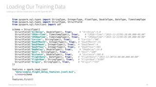 Data Syndrome: Agile Data Science 2.0
Loading Our Training Data
Loading our data as a DataFrame to use the Spark ML APIs
54
from pyspark.sql.types import StringType, IntegerType, FloatType, DoubleType, DateType, TimestampType 
from pyspark.sql.types import StructType, StructField 
from pyspark.sql.functions import udf 
 
schema = StructType([ 
StructField("ArrDelay", DoubleType(), True), # "ArrDelay":5.0 
StructField("CRSArrTime", TimestampType(), True), # "CRSArrTime":"2015-12-31T03:20:00.000-08:00" 
StructField("CRSDepTime", TimestampType(), True), # "CRSDepTime":"2015-12-31T03:05:00.000-08:00" 
StructField("Carrier", StringType(), True), # "Carrier":"WN" 
StructField("DayOfMonth", IntegerType(), True), # "DayOfMonth":31 
StructField("DayOfWeek", IntegerType(), True), # "DayOfWeek":4 
StructField("DayOfYear", IntegerType(), True), # "DayOfYear":365 
StructField("DepDelay", DoubleType(), True), # "DepDelay":14.0 
StructField("Dest", StringType(), True), # "Dest":"SAN" 
StructField("Distance", DoubleType(), True), # "Distance":368.0 
StructField("FlightDate", DateType(), True), # "FlightDate":"2015-12-30T16:00:00.000-08:00" 
StructField("FlightNum", StringType(), True), # "FlightNum":"6109" 
StructField("Origin", StringType(), True), # "Origin":"TUS" 
]) 
 
features = spark.read.json( 
"data/simple_flight_delay_features.jsonl.bz2", 
schema=schema 
) 
features.first()
 