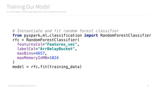 Data Syndrome: Agile Data Science 2.0
Training Our Model
This is the magic in machine learning, and it is only a couple of lines of code
61
# Instantiate and fit random forest classifier 
from pyspark.ml.classification import RandomForestClassifier 
rfc = RandomForestClassifier( 
featuresCol="Features_vec", 
labelCol="ArrDelayBucket", 
maxBins=4657, 
maxMemoryInMB=1024 
) 
model = rfc.fit(training_data)
 