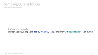 Data Syndrome: Agile Data Science 2.0
Sampling Our Predictions
Making sure they pass the sniff check
63
# Check a sample 
predictions.sample(False, 0.001, 18).orderBy("CRSDepTime").show(6)
 