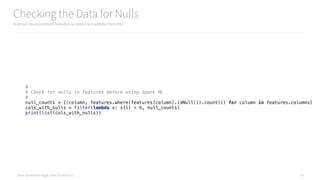 Data Syndrome: Agile Data Science 2.0
Checking the Data for Nulls
Nulls will cause problems hereafter, so detect and addre...