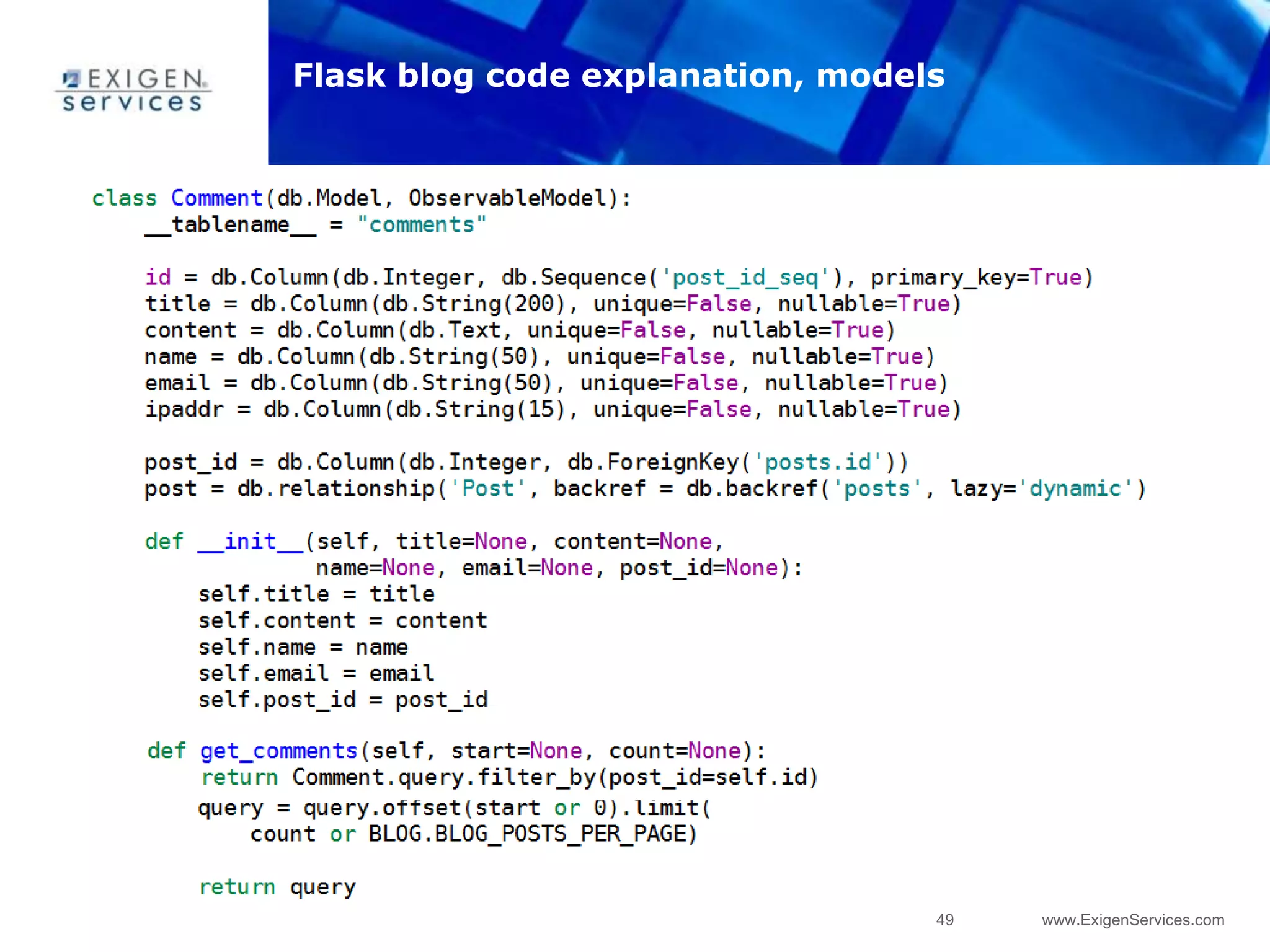 49 www.ExigenServices.com
Flask blog code explanation, models
 