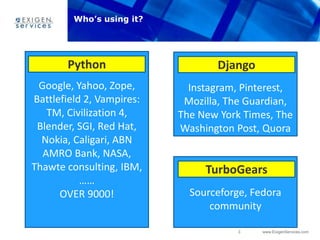 3 www.ExigenServices.com
Who’s using it?
Sourceforge, Fedora
community
TurboGears
Google, Yahoo, Zope,
Battlefield 2, Vampires:
TM, Civilization 4,
Blender, SGI, Red Hat,
Nokia, Caligari, ABN
AMRO Bank, NASA,
Thawte consulting, IBM,
……
OVER 9000!
Python
Instagram, Pinterest,
Mozilla, The Guardian,
The New York Times, The
Washington Post, Quora
Django
 