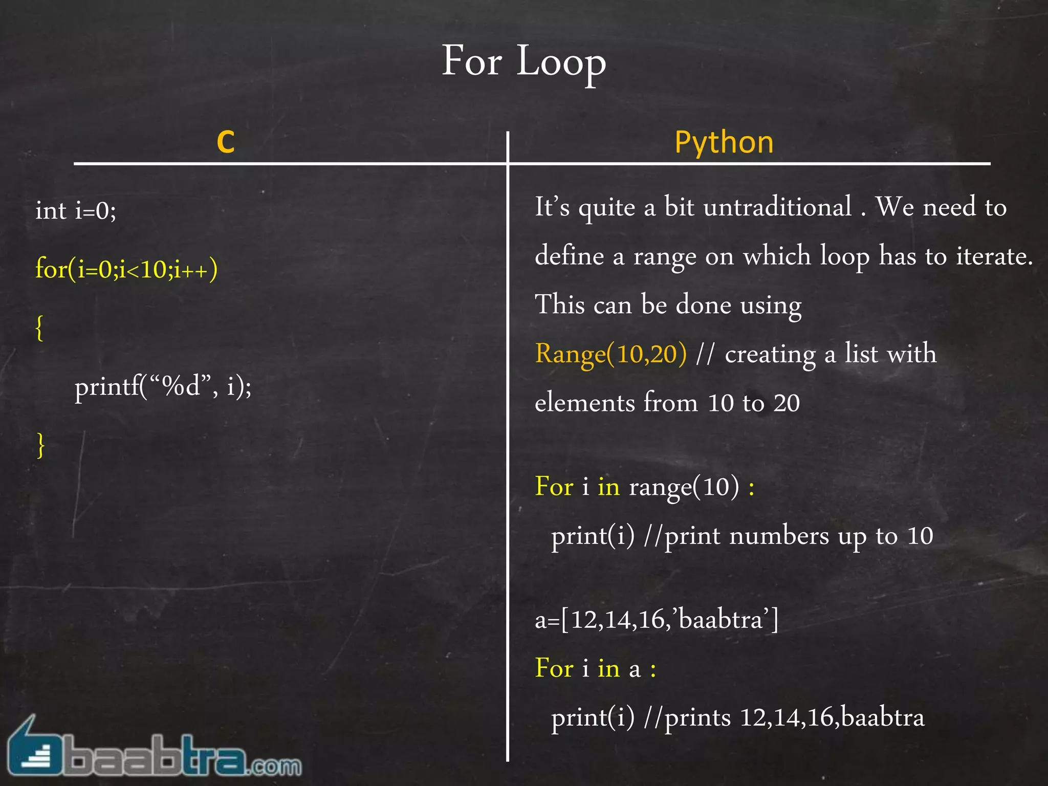 For Loop
int i=0;
for(i=0;i<10;i++)
{
printf(“%d”, i);
}
It’s quite a bit untraditional . We need to
define a range on which loop has to iterate.
This can be done using
Range(10,20) // creating a list with
elements from 10 to 20
For i in range(10) :
print(i) //print numbers up to 10
a=[12,14,16,’baabtra’]
For i in a :
print(i) //prints 12,14,16,baabtra
C Python
 