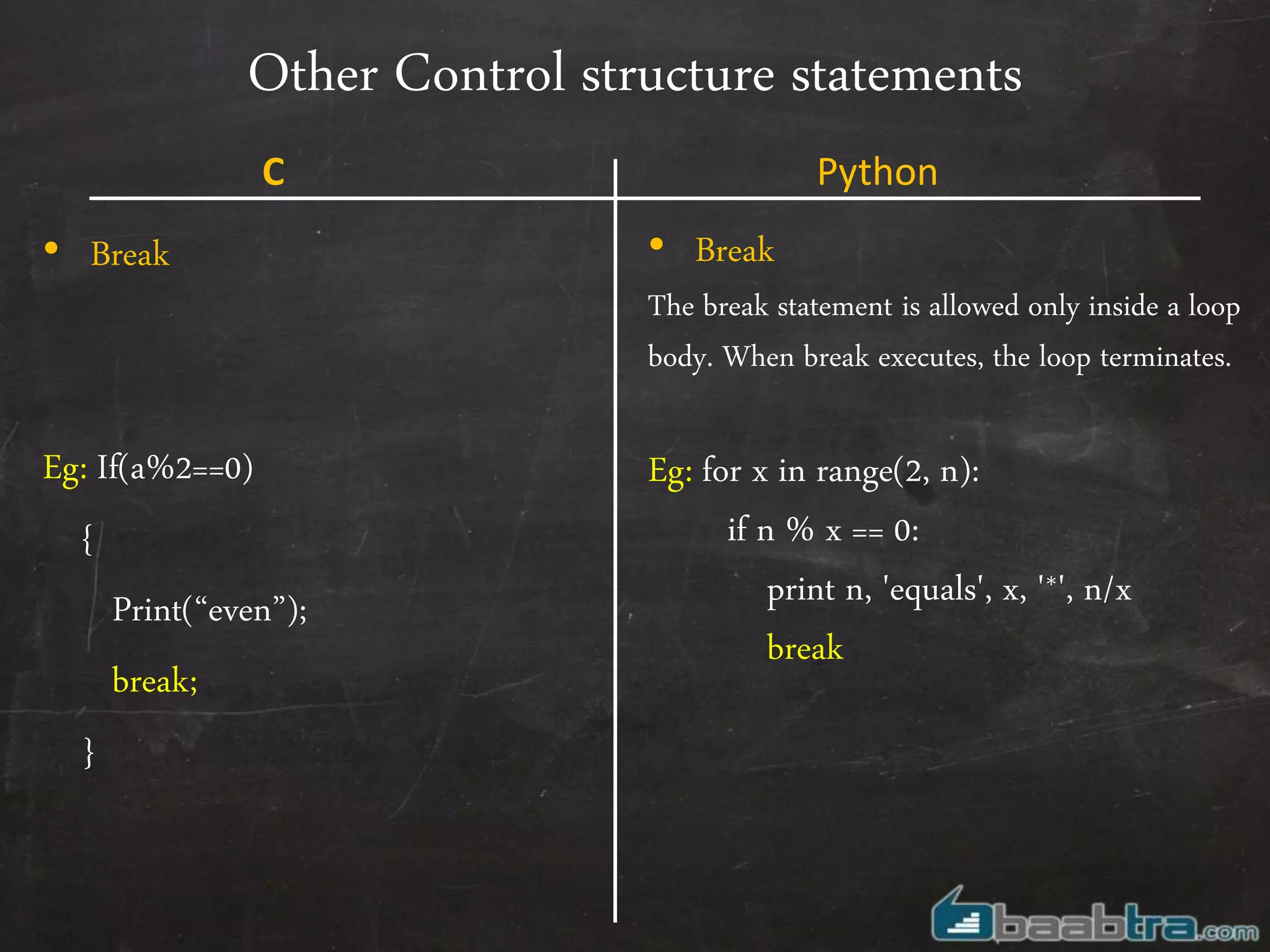 Other Control structure statements
• Break
Eg: If(a%2==0)
{
Print(“even”);
break;
}
• Break
The break statement is allowed only inside a loop
body. When break executes, the loop terminates.
Eg: for x in range(2, n):
if n % x == 0:
print n, 'equals', x, '*', n/x
break
C Python
 