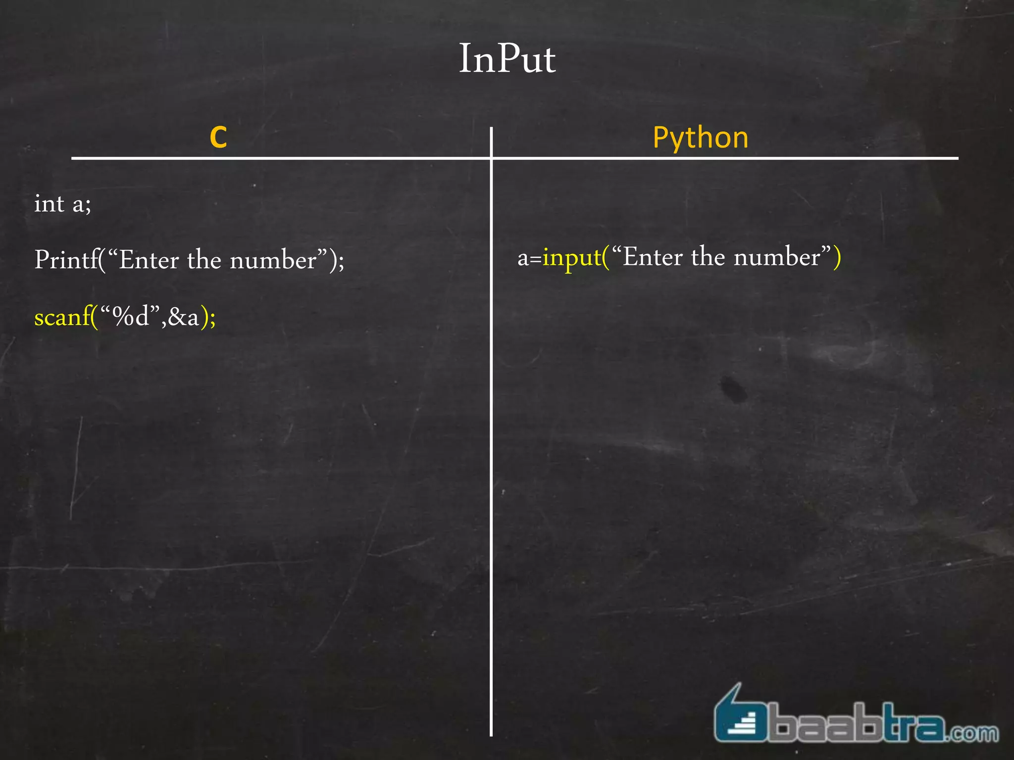 InPut
int a;
Printf(“Enter the number”);
scanf(“%d”,&a);
a=input(“Enter the number”)
C Python
 