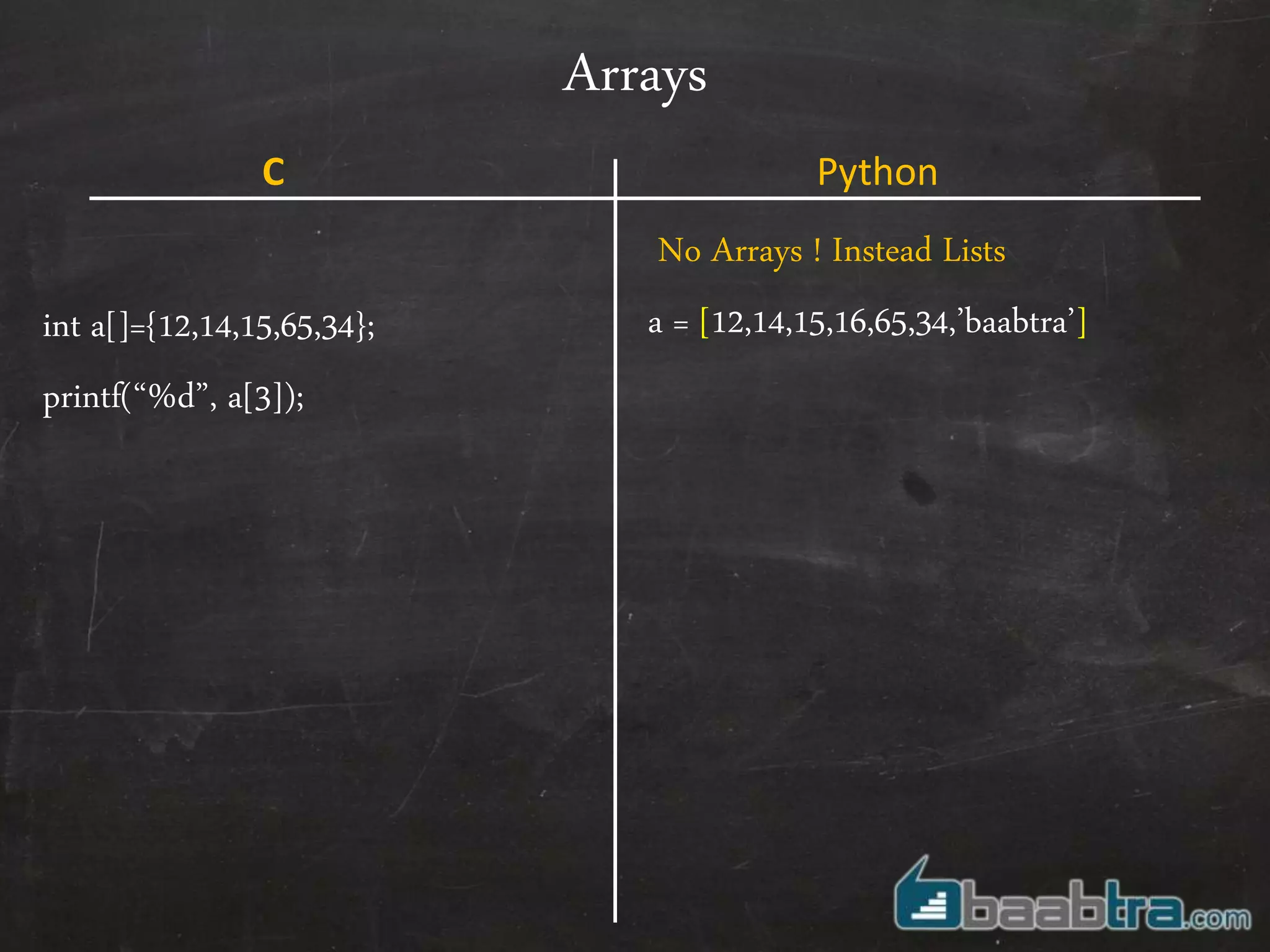 Arrays
int a[]={12,14,15,65,34};
printf(“%d”, a[3]);
No Arrays ! Instead Lists
a = [12,14,15,16,65,34,’baabtra’]
C Python
 