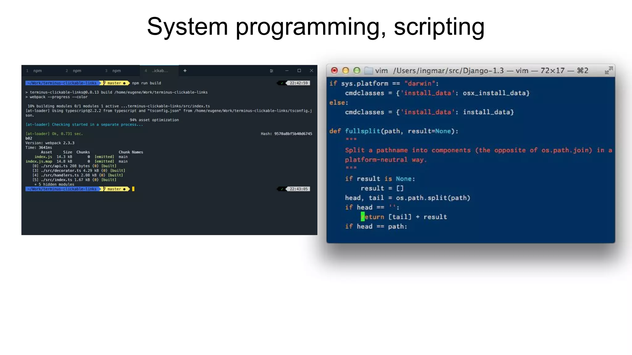 System programming, scripting
 