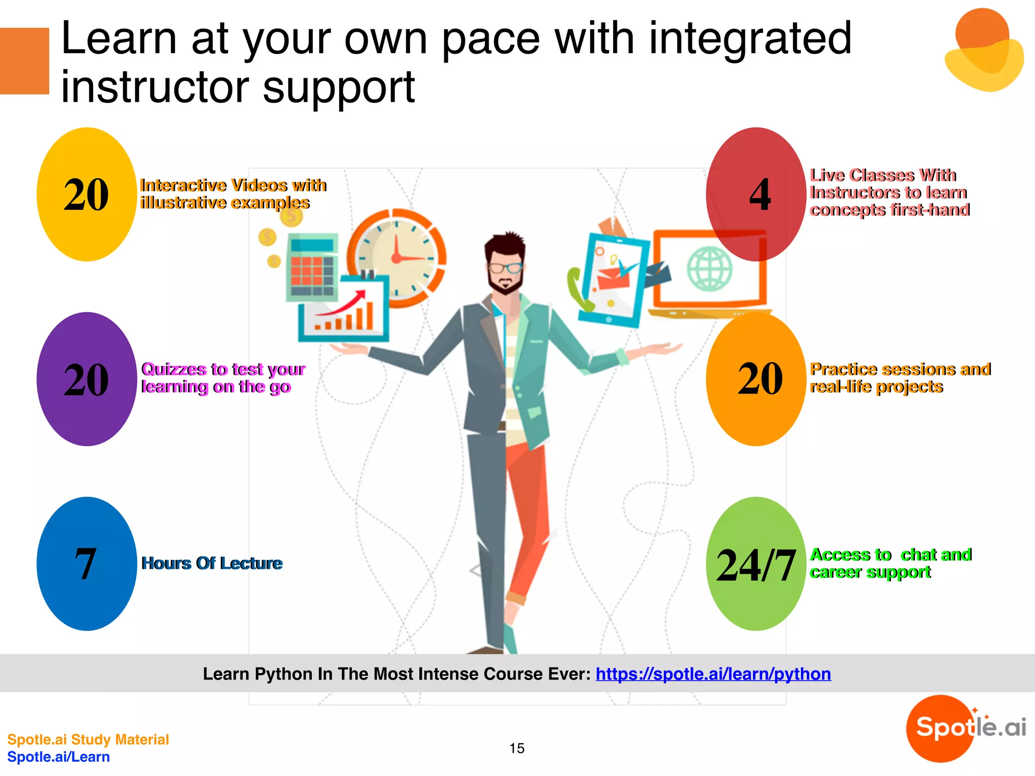Learn Python In The Most Intense Course Ever: https://spotle.ai/learn/python
20 Interactive Videos with
illustrative examples
24/7 Access to chat and
career support
4
Live Classes With
Instructors to learn
concepts first-hand
20 Quizzes to test your
learning on the go
7 Hours Of Lecture
20 Practice sessions and
real-life projects
Learn at your own pace with integrated
instructor support
Interactive Videos with
illustrative examples
Quizzes to test your
learning on the go
Hours Of Lecture
Live Classes With
Instructors to learn
concepts first-hand
Practice sessions and
real-life projects
Access to chat and
career support
15
Spotle.ai Study Material
Spotle.ai/Learn
 
