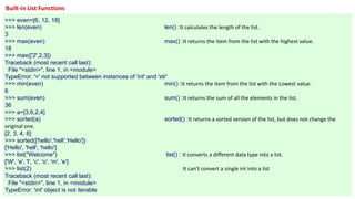 Built-in List Functions
>>> even=[6, 12, 18]
>>> len(even) len() :It calculates the length of the list.
3
>>> max(even) max() :It returns the item from the list with the highest value.
18
>>> max(['2',2,3])
Traceback (most recent call last):
File "<stdin>", line 1, in <module>
TypeError: '>' not supported between instances of 'int' and 'str'
>>> min(even) min() :It returns the item from the list with the Lowest value.
6
>>> sum(even) sum() :It returns the sum of all the elements in the list.
36
>>> a=[3,6,2,4]
>>> sorted(a) sorted() :It returns a sorted version of the list, but does not change the
original one.
[2, 3, 4, 6]
>>> sorted(['hello','hell','Hello'])
['Hello', 'hell', 'hello']
>>> list("Welcome") list() : It converts a different data type into a list.
['W', 'e', 'l', 'c', 'o', 'm', 'e']
>>> list(2) It can’t convert a single int into a list
Traceback (most recent call last):
File "<stdin>", line 1, in <module>
TypeError: 'int' object is not iterable
 