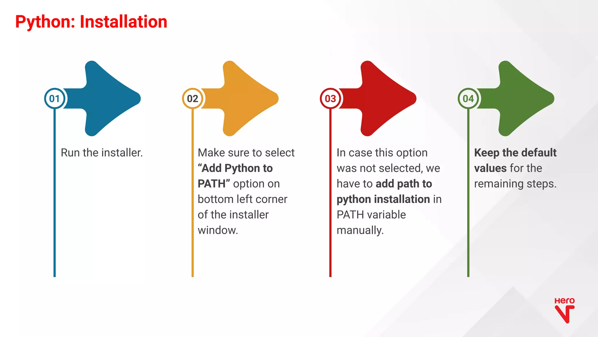 Run the installer. 01 Make sure to select “Add Python to PATH” option on bottom left corner of the installer window. 02 In case this option was not selected, we have to add path to python installation in PATH variable manually. 03 Keep the default values for the remaining steps. 04 Python: Installation 