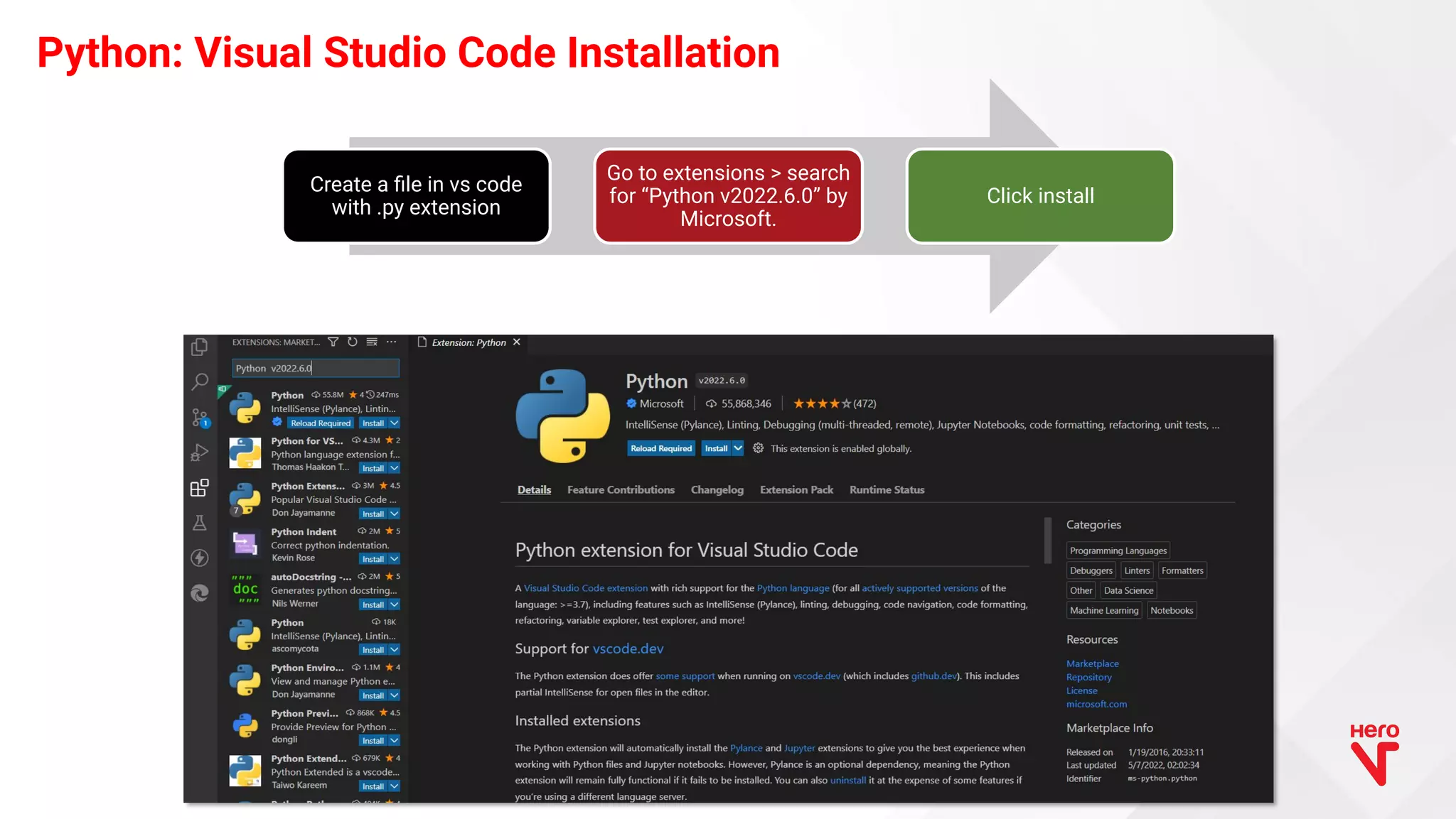 Create a ﬁle in vs code with .py extension Go to extensions > search for “Python v2022.6.0” by Microsoft. Click install Python: Visual Studio Code Installation 