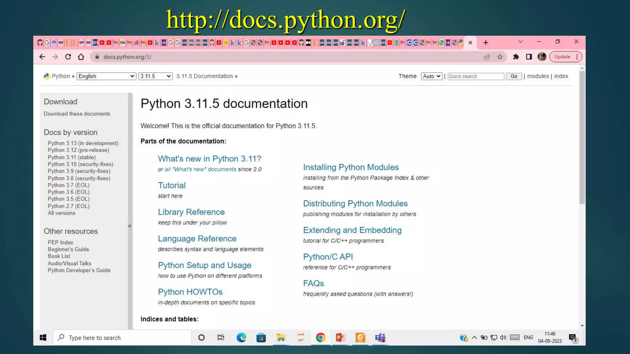 http://docs.python.org/
 