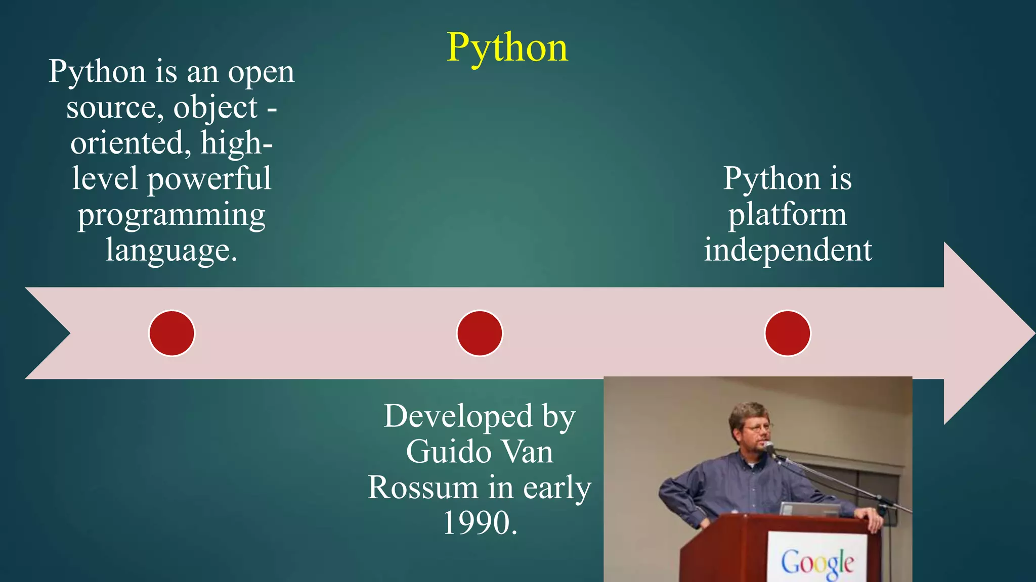 Python
Python is an open
source, object -
oriented, high-
level powerful
programming
language.
Developed by
Guido Van
Rossum in early
1990.
Python is
platform
independent
 