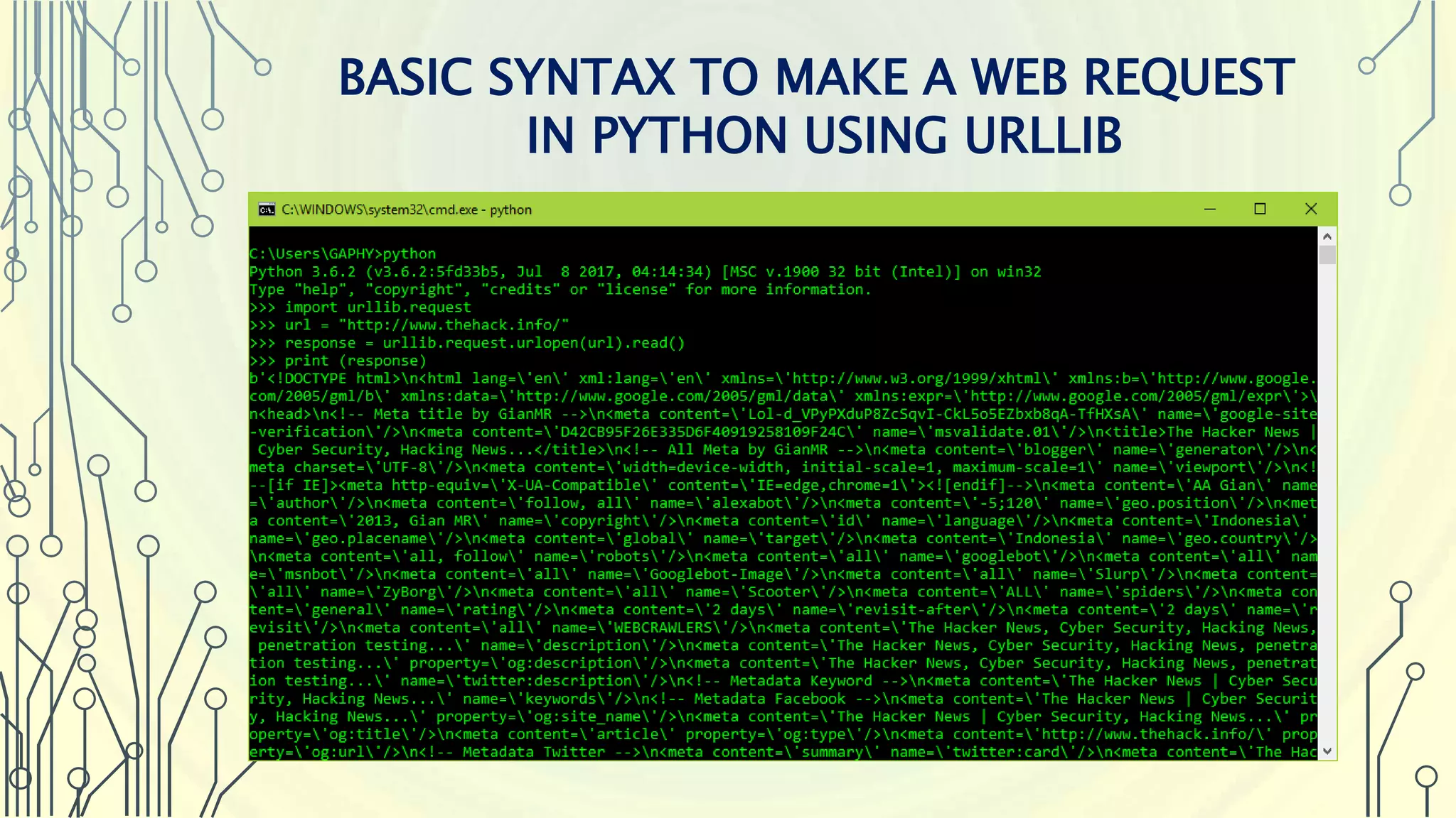 BASIC SYNTAX TO MAKE A WEB REQUEST IN PYTHON USING URLLIB 
