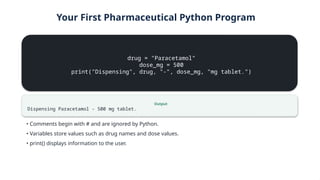Your First Pharmaceutical Python Program
drug = "Paracetamol"
dose_mg = 500
print("Dispensing", drug, "-", dose_mg, "mg tablet.")
Output
Dispensing Paracetamol - 500 mg tablet.
• Comments begin with # and are ignored by Python.
• Variables store values such as drug names and dose values.
• print() displays information to the user.
 