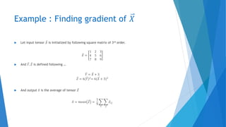 Example : Finding gradient of 𝑋
 Let input tensor 𝑋 is initialized by following square matrix of 3rd order.
𝑋 =
1 2 3
4 5 6
7 8 9
 And 𝑌, 𝑍 is defined following …
𝑌 = 𝑋 + 3
𝑍 = 6(𝑌)2
= 6( 𝑋 + 3)2
 And output 𝛿 is the average of tensor 𝑍
𝛿 = 𝑚𝑒𝑎𝑛 𝑍 =
1
9
𝑖 𝑗
𝑍𝑖𝑗
 