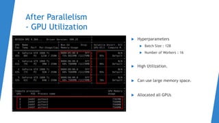 After Parallelism
- GPU Utilization
 Hyperparameters
 Batch Size : 128
 Number of Workers : 16
 High Utilization.
 Can use large memory space.
 Allocated all GPUs
 