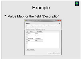 Example
• Value Map for the field “Descriptio”
 