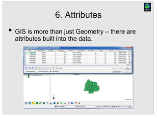 6. Attributes
• GIS is more than just Geometry – there are
attributes built into the data.
 