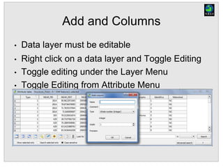Add and Columns
• Data layer must be editable
• Right click on a data layer and Toggle Editing
• Toggle editing under the Layer Menu
• Toggle Editing from Attribute Menu
 