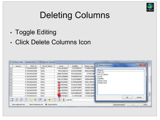 Deleting Columns
• Toggle Editing
• Click Delete Columns Icon
 