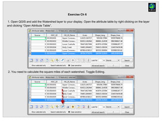 1. Open QGIS and add the Watershed layer to your display. Open the attribute table by right clicking on the layer
and clicking “Open Attribute Table”.
2. You need to calculate the square miles of each watershed. Toggle Editing.
Exercise Ch 6
 