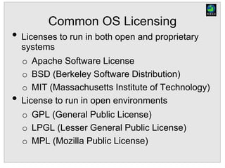 Common OS Licensing
• Licenses to run in both open and proprietary
systems
o Apache Software License
o BSD (Berkeley Software Distribution)
o MIT (Massachusetts Institute of Technology)
• License to run in open environments
o GPL (General Public License)
o LPGL (Lesser General Public License)
o MPL (Mozilla Public License)
 