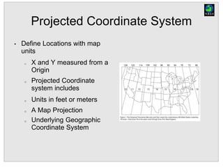 Projected Coordinate System
• Define Locations with map
units
o X and Y measured from a
Origin
o Projected Coordinate
system includes
o Units in feet or meters
o A Map Projection
o Underlying Geographic
Coordinate System
 
