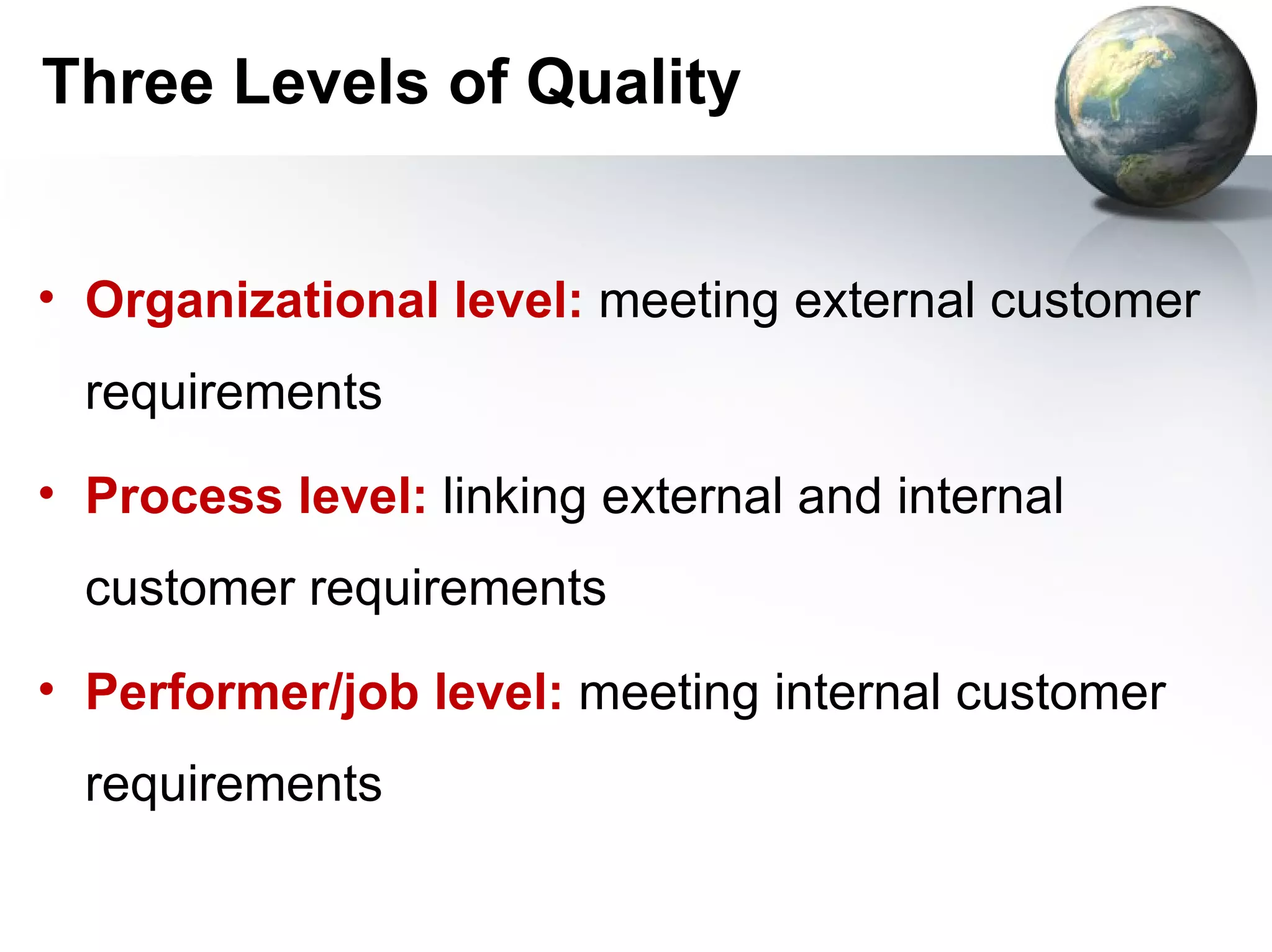Three Levels of Quality


• Organizational level: meeting external customer
  requirements
• Process level: linking external and internal
  customer requirements
• Performer/job level: meeting internal customer
  requirements
 