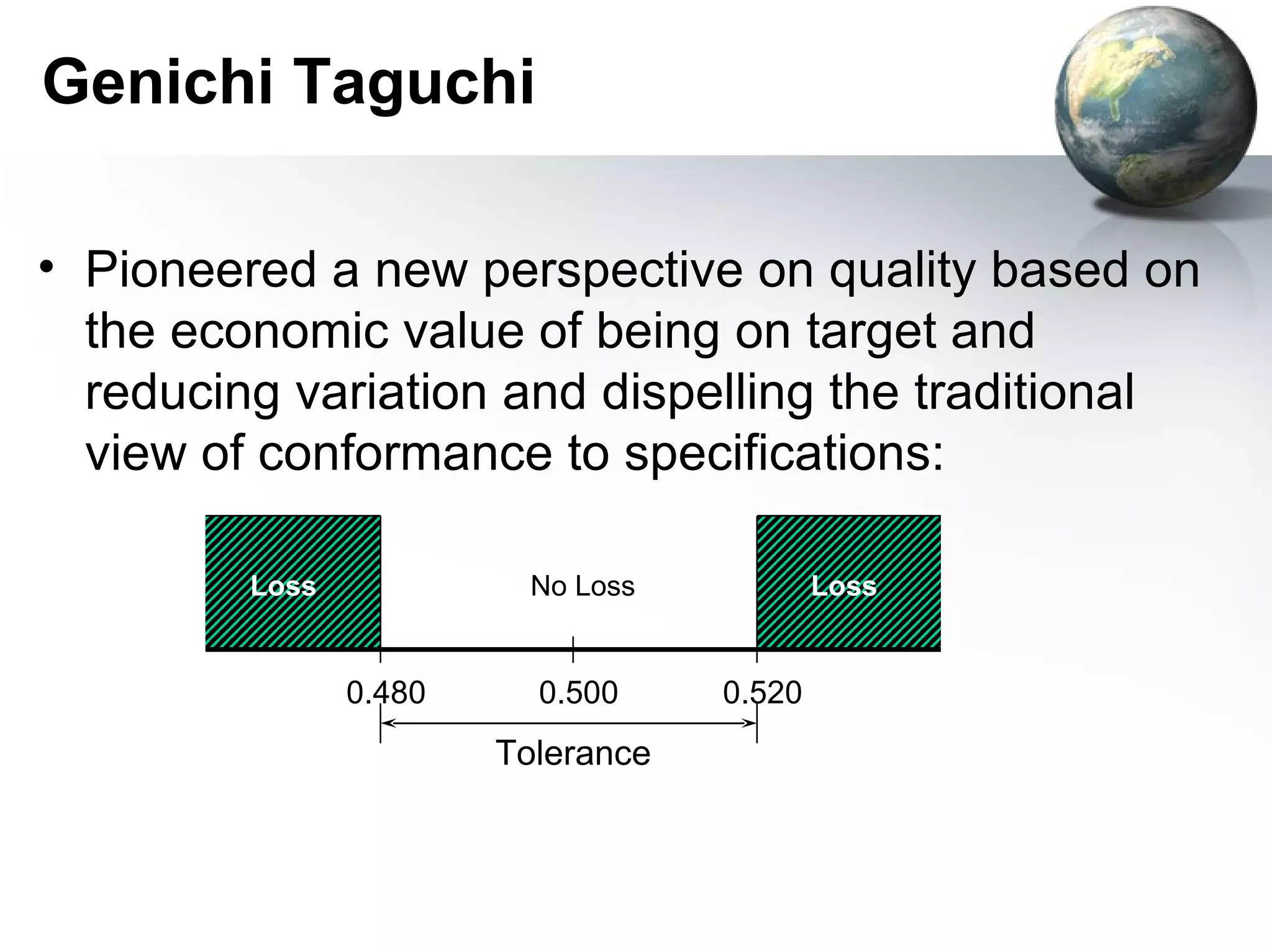 Genichi Taguchi

• Pioneered a new perspective on quality based on
  the economic value of being on target and
  reducing variation and dispelling the traditional
  view of conformance to specifications:

         Loss             No Loss           Loss


                0.480     0.500     0.520
                        Tolerance
 