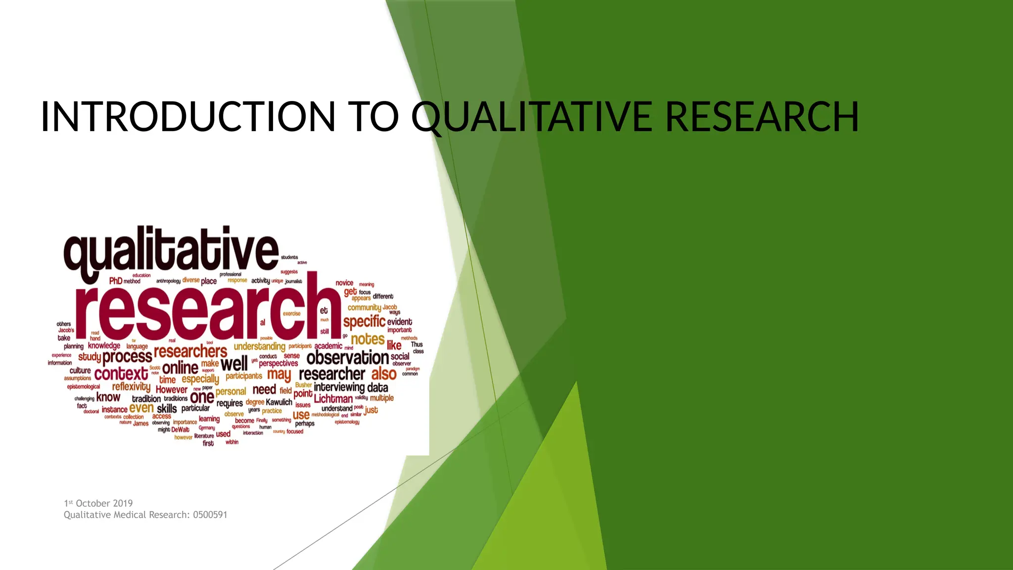 1
INTRODUCTION TO QUALITATIVE RESEARCH
1st
October 2019
Qualitative Medical Research: 0500591
 