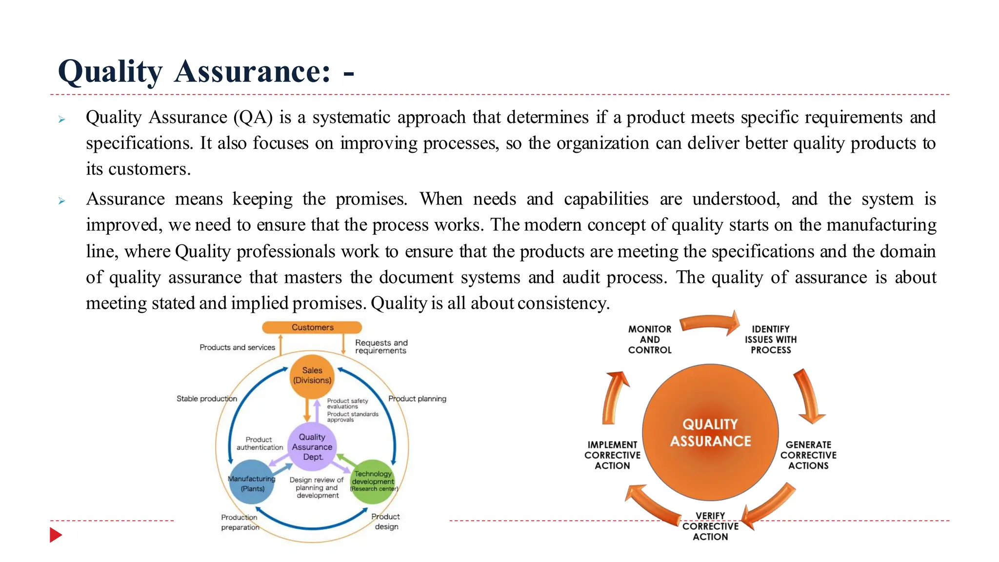 Quality Assurance: -
➢ Quality Assurance (QA) is a systematic approach that determines if a product meets specific requirements and
specifications. It also focuses on improving processes, so the organization can deliver better quality products to
its customers.
➢ Assurance means keeping the promises. When needs and capabilities are understood, and the system is
improved, we need to ensure that the process works. The modern concept of quality starts on the manufacturing
line, where Quality professionals work to ensure that the products are meeting the specifications and the domain
of quality assurance that masters the document systems and audit process. The quality of assurance is about
meeting stated and implied promises. Quality is all about consistency.
 