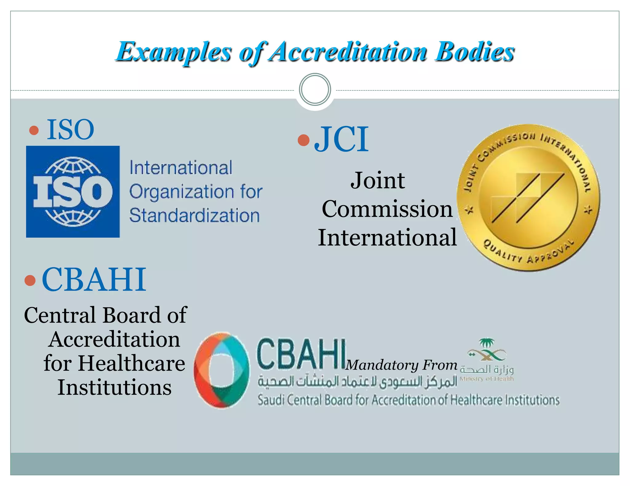 Examples of Accreditation Bodies
 ISO JCI
Joint
Commission
International
CBAHI
Central Board of
Accreditation
for Healthcare
Institutions
Mandatory From
 