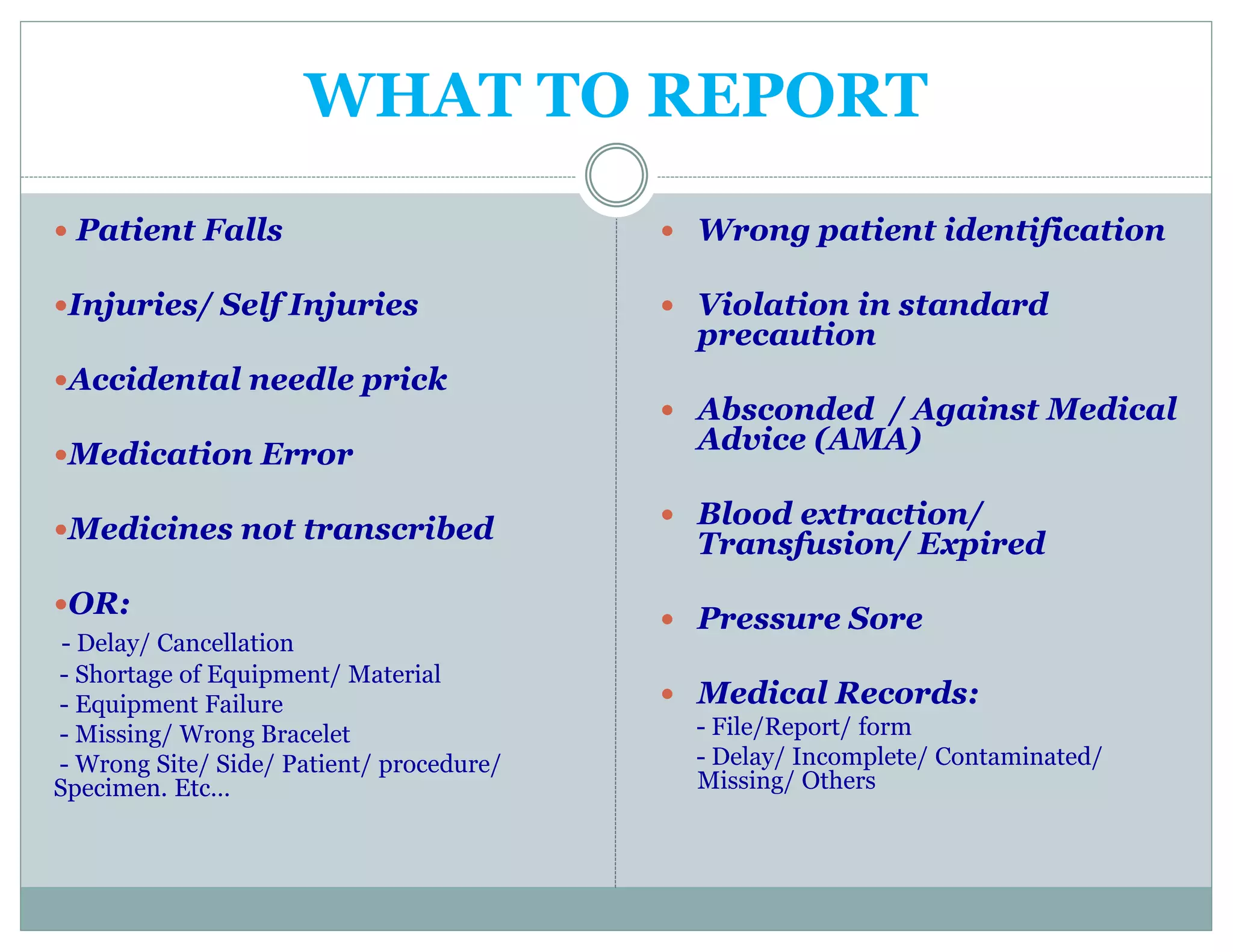 WHAT TO REPORT
 Patient Falls
Injuries/ Self Injuries
Accidental needle prick
Medication Error
Medicines not transcribed
OR:
- Delay/ Cancellation
- Shortage of Equipment/ Material
- Equipment Failure
- Missing/ Wrong Bracelet
- Wrong Site/ Side/ Patient/ procedure/
Specimen. Etc…
 Wrong patient identification
 Violation in standard
precaution
 Absconded / Against Medical
Advice (AMA)
 Blood extraction/
Transfusion/ Expired
 Pressure Sore
 Medical Records:
- File/Report/ form
- Delay/ Incomplete/ Contaminated/
Missing/ Others
 