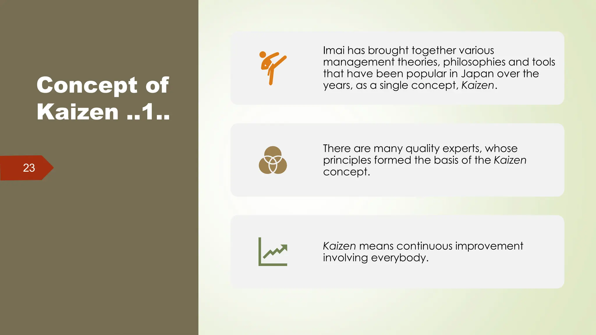 Concept of
Kaizen ..1..
23
Imai has brought together various
management theories, philosophies and tools
that have been popular in Japan over the
years, as a single concept, Kaizen.
There are many quality experts, whose
principles formed the basis of the Kaizen
concept.
Kaizen means continuous improvement
involving everybody.
 