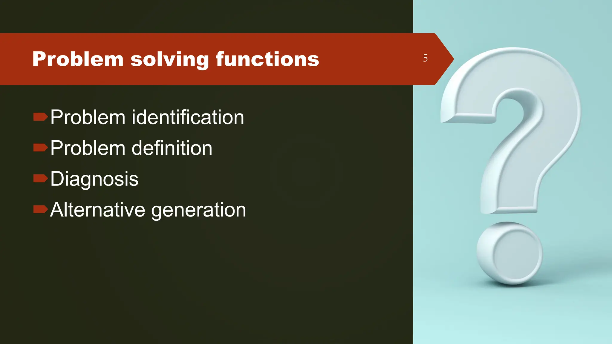 Problem solving functions 5
Problem identification
Problem definition
Diagnosis
Alternative generation
 