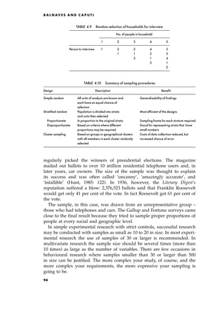 regularly picked the winners of presidential elections. The magazine
mailed out ballots to over 10 million residential telephone users and, in
later years, car owners. The size of the sample was thought to explain
its success and was often called `uncanny', `amazingly accurate', and
`infallible' (Hunt, 1985: 122). In 1936, however, the Literary Digest's
reputation suffered a blow: 2,376,523 ballots said that Franklin Roosevelt
would get only 41 per cent of the vote. In fact Roosevelt got 61 per cent of
the vote.
The sample, in this case, was drawn from an unrepresentative group ±
those who had telephones and cars. The Gallup and Fortune surveys came
close to the final result because they tried to sample proper proportions of
people at every social and geographic level.
In simple experimental research with strict controls, successful research
may be conducted with samples as small as 10 to 20 in size. In most experi-
mental research the use of samples of 30 or larger is recommended. In
multivariate research the sample size should be several times (more than
10 times) as large as the number of variables. There are few occasions in
behavioural research where samples smaller than 30 or larger than 500
in size can be justified. The more complex your study, of course, and the
more complex your requirements, the more expensive your sampling is
going to be.
B A L N AV E S A N D C A P U T I
TABLE 4.9 Random selection of households for interview
No. of people in household
1 2 3 4 5
Person to interview 1 2 2 4 3
1 1 2 5
3 1 4
3 1
2
TABLE 4.10 Summary of sampling procedures
Design Description Benefit
Simple random All units of analysis are known and Generalizability of findings
each have an equal chance of
selection
Stratified random Population is divided into strata Most efficient of the designs
and units then selected:
Proportionate In proportion to the original strata Sampling frame for each stratum required
Disproportionate Based on criteria where different Good for representing strata that have
proportions may be required small numbers
Cluster sampling Based on groups or geographical clusters Costs of data collection reduced, but
with all members in each cluster randomly increased chance of error
selected
94
 