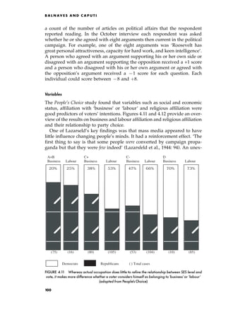 a count of the number of articles on political affairs that the respondent
reported reading. In the October interview each respondent was asked
whether he or she agreed with eight arguments then current in the political
campaign. For example, one of the eight arguments was `Roosevelt has
great personal attractiveness, capacity for hard work, and keen intelligence'.
A person who agreed with an argument supporting his or her own side or
disagreed with an argument supporting the opposition received a +1 score
and a person who disagreed with his or her own argument or agreed with
the opposition's argument received a 71 score for each question. Each
individual could score between 78 and ‡8.
Variables
The People's Choice study found that variables such as social and economic
status, affiliation with `business' or `labour' and religious affiliation were
good predictors of voters' intentions. Figures 4.11 and 4.12 provide an over-
view of the results on business and labour affiliation and religious affiliation
and their relationship to party choice.
One of Lazarseld's key findings was that mass media appeared to have
little influence changing people's minds. It had a reinforcement effect. `The
first thing to say is that some people were converted by campaign propa-
ganda but that they were few indeed' (Lazarsfeld et al., 1944: 94). An unex-
B A L N AV E S A N D C A P U T I
A+B C+ C- D
Business Labour Business Labour Business Labour Business Labour
(75) (16) (80) (105) (53) (104) (10) (85)
Democrats Republicans ( ) Total cases
38%
25%
20% 53% 47% 66% 70% 73%
FIGURE 4.11 Whereas actual occupation does little to refine the relationship between SES level and
vote, it makes more difference whether a voter considers himself as belonging to`business'or `labour'
(adapted from People's Choice)
100
 