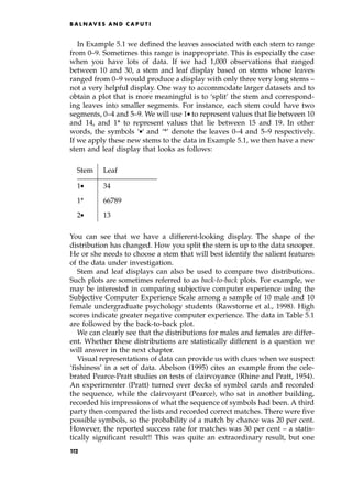 In Example 5.1 we defined the leaves associated with each stem to range
from 0±9. Sometimes this range is inappropriate. This is especially the case
when you have lots of data. If we had 1,000 observations that ranged
between 10 and 30, a stem and leaf display based on stems whose leaves
ranged from 0±9 would produce a display with only three very long stems ±
not a very helpful display. One way to accommodate larger datasets and to
obtain a plot that is more meaningful is to `split' the stem and correspond-
ing leaves into smaller segments. For instance, each stem could have two
segments, 0±4 and 5±9. We will use 1. to represent values that lie between 10
and 14, and 1* to represent values that lie between 15 and 19. In other
words, the symbols `.` and `*' denote the leaves 0±4 and 5±9 respectively.
If we apply these new stems to the data in Example 5.1, we then have a new
stem and leaf display that looks as follows:
Stem Leaf
1. 34
1* 66789
2. 13
You can see that we have a different-looking display. The shape of the
distribution has changed. How you split the stem is up to the data snooper.
He or she needs to choose a stem that will best identify the salient features
of the data under investigation.
Stem and leaf displays can also be used to compare two distributions.
Such plots are sometimes referred to as back-to-back plots. For example, we
may be interested in comparing subjective computer experience using the
Subjective Computer Experience Scale among a sample of 10 male and 10
female undergraduate psychology students (Rawstorne et al., 1998). High
scores indicate greater negative computer experience. The data in Table 5.1
are followed by the back-to-back plot.
We can clearly see that the distributions for males and females are differ-
ent. Whether these distributions are statistically different is a question we
will answer in the next chapter.
Visual representations of data can provide us with clues when we suspect
`fishiness' in a set of data. Abelson (1995) cites an example from the cele-
brated Pearce-Pratt studies on tests of clairvoyance (Rhine and Pratt, 1954).
An experimenter (Pratt) turned over decks of symbol cards and recorded
the sequence, while the clairvoyant (Pearce), who sat in another building,
recorded his impressions of what the sequence of symbols had been. A third
party then compared the lists and recorded correct matches. There were five
possible symbols, so the probability of a match by chance was 20 per cent.
However, the reported success rate for matches was 30 per cent ± a statis-
tically significant result!! This was quite an extraordinary result, but one
B A L N AV E S A N D C A P U T I
1
12
 