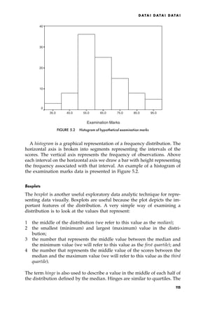 A histogram is a graphical representation of a frequency distribution. The
horizontal axis is broken into segments representing the intervals of the
scores. The vertical axis represents the frequency of observations. Above
each interval on the horizontal axis we draw a bar with height representing
the frequency associated with that interval. An example of a histogram of
the examination marks data is presented in Figure 5.2.
Boxplots
The boxplot is another useful exploratory data analytic technique for repre-
senting data visually. Boxplots are useful because the plot depicts the im-
portant features of the distribution. A very simple way of examining a
distribution is to look at the values that represent:
1 the middle of the distribution (we refer to this value as the median);
2 the smallest (minimum) and largest (maximum) value in the distri-
bution;
3 the number that represents the middle value between the median and
the minimum value (we will refer to this value as the first quartile); and
4 the number that represents the middle value of the scores between the
median and the maximum value (we will refer to this value as the third
quartile).
The term hinge is also used to describe a value in the middle of each half of
the distribution defined by the median. Hinges are similar to quartiles. The
DATA ! DATA ! DATA !
Examination Marks
95.0
85.0
75.0
65.0
55.0
45.0
35.0
40
30
20
10
0
FIGURE 5.2 Histogram of hypothetical examination marks
1
15
 