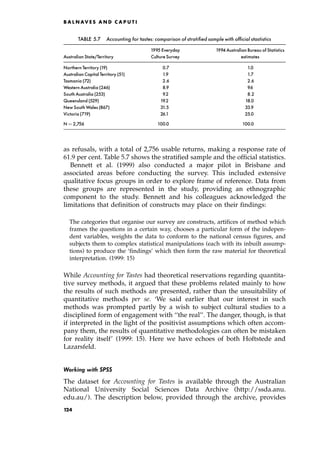 as refusals, with a total of 2,756 usable returns, making a response rate of
61.9 per cent. Table 5.7 shows the stratified sample and the official statistics.
Bennett et al. (1999) also conducted a major pilot in Brisbane and
associated areas before conducting the survey. This included extensive
qualitative focus groups in order to explore frame of reference. Data from
these groups are represented in the study, providing an ethnographic
component to the study. Bennett and his colleagues acknowledged the
limitations that definition of constructs may place on their findings:
The categories that organise our survey are constructs, artifices of method which
frames the questions in a certain way, chooses a particular form of the indepen-
dent variables, weights the data to conform to the national census figures, and
subjects them to complex statistical manipulations (each with its inbuilt assump-
tions) to produce the `findings' which then form the raw material for theoretical
interpretation. (1999: 15)
While Accounting for Tastes had theoretical reservations regarding quantita-
tive survey methods, it argued that these problems related mainly to how
the results of such methods are presented, rather than the unsuitability of
quantitative methods per se. `We said earlier that our interest in such
methods was prompted partly by a wish to subject cultural studies to a
disciplined form of engagement with ``the real''. The danger, though, is that
if interpreted in the light of the positivist assumptions which often accom-
pany them, the results of quantitative methodologies can often be mistaken
for reality itself' (1999: 15). Here we have echoes of both Hoftstede and
Lazarsfeld.
Working with SPSS
The dataset for Accounting for Tastes is available through the Australian
National University Social Sciences Data Archive (http://ssda.anu.
edu.au/). The description below, provided through the archive, provides
B A L N AV E S A N D C A P U T I
TABLE 5.7 Accounting for tastes: comparison of stratified sample with official stastistics
1995 Everyday 1994 Australian Bureau of Statistics
Australian State/Territory Culture Survey estimates
NorthernTerritory (19) 0.7 1.0
Australian Capital Territory (51) 1.9 1.7
Tasmania (72) 2.6 2.6
Western Australia (246) 8.9 9.6
South Australia (253) 9.2 8.2
Queensland (529) 19.2 18.0
New SouthWales (867) 31.5 33.9
Victoria (719) 26.1 25.0
N ˆ 2,756 100.0 100.0
124
 